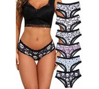 Morvia 6pcs Women Underwear Gothic Sexy Halloween Skulls Roses Allover Print Contrast Lace Hipsters Panties, 6pcs Skull & Stars Print, L