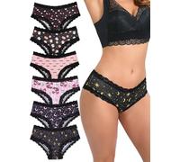 Morvia 6pcs Women Underwear Gothic Sexy Halloween Skulls Roses Allover Print Contrast Lace Hipsters Panties