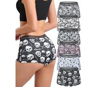 Morvia Gothic Halloween Print Boyshorts Underwear, 6 Pack, High Waist Contrast Elastic Band, Black Red Skull Spooky Patterns (US, Alpha, Large, Regular, Regular, 6pcs Black & White)