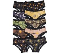 Morvia Women's Gothic Halloween Hipster Panties, Black Lace Trim, 10 Pack Spooky Pattern Collection with Bats, Skulls, 10pcs Moon & Stars, L