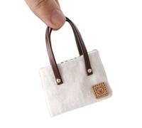 Mos kevin Miniature Canvas Tote Bag with Leather Handles, White, Bear Patch Design, 2.87x1.96x1.37 Inch, for Dollhouse Accessories