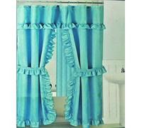 Mosaic Double Swag Fabric Shower Curtain /12 Coordinated Rolling Ring Hooks, 2 Tie Backs (Aqua)
