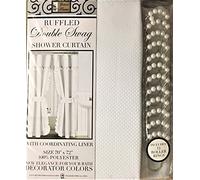 Mosaic Double Swag Fabric Shower Curtain /12 Coordinated Rolling Ring Hooks, 2 Tie Backs (White)