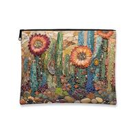 Mosaic Floral Cosmetic Bag, Colorful Cactus Pattern Travel Makeup Pouch for Women, Portable Canvas Zipper Organizer, Spring Skincare Toiletry Bag, Multicolor, 7x9 Inch, Mosaic