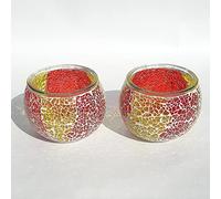 Mosaic Glass Candle Holder Vintage Jar Tealight Holders, Home Decoration with upto 8 Hour Burn Tea Light Candles (Red & Yellow Twin)
