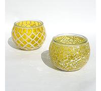 Mosaic Glass Candle Holder Vintage Jar Tealight Holders, Home Decoration with upto 8 Hour Burn Tea Light Candles (Twin Pack Yellow)