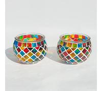 Mosaic Glass Candle Holder Vintage Jar Tealight Holders, Home Decoration with upto 8 Hour Burn Tea Light Candles (Multicolour Twin)