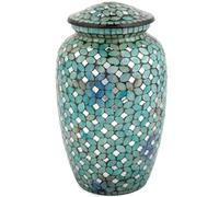 Mosaic Glass Cremation Urn - Hand Made Funeral Urn for Human Ashes - Large Adult Size Burial Urn - Aluminum with Hand applies Individual Tiles Create a one of a Kind Work of Art - 200 cu in (Blue)