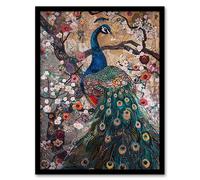 Mosaic Peacock in Flowers Tree Detailed Artwork Framed Art Print Artery8 Multi A4