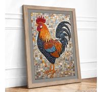 Mosaic Rooster Eclectic Framed Wall Art Print A2 (59.4×42cm) Oak, Wall Decor for Living Room, Bedroom, Office & Home, Ready to Hang, Art Gift