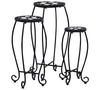 Mosaic Tables Set of 3 Ceramic Black White Powder-Coated Iron Frame, 30/25/20 cm Diameter, Balcony, Patio, Living Room, Sturdy Side Table for Plant Stands and Decoration