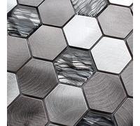 Mosaic Tile Sheet | Hexagon Style Mosaic Tile | 300 x 300 | Bathroom Kitchen Splashback Wall | Grey Metal Glass