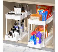mosala 2 Pack Under Sink Organizers and Storage - 2 Tier Sliding Bathroom Cabinet Organizer with Hooks - Multi-Purpose Under The Sink Organizer Kitchen - white
