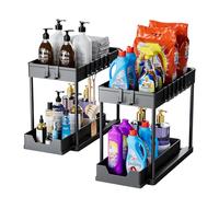 mosala Under Sink Organizers and Storage 2 Pack - 2 Tier Sliding Bathroom Cabinet Organizer with Hooks - Multi-Purpose Under The Sink Organizer Kitchen - Black