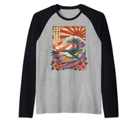 Mosasaurus Surfing Vintage Retro Japanese Kaiju Aesthetic Raglan Baseball Tee