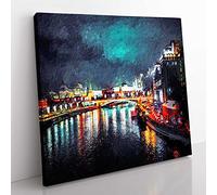 Moscow at Night Modern Canvas Wall Art Print Ready to Hang, Framed Picture for Living Room Bedroom Home Office Décor, 35x35 cm (14x14 Inch)