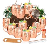 Moscow Mule Copper Mugs Moscow Mule Cups Kit 19oz Set of 12 with Handle Large Copper Hammered Plating Cups with 0.5oz Double Jigger, Stainless Steel Straws, Spoons for Cold Drinks Cocktails Wine
