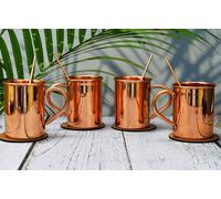 Moscow Mule Mug Set | Pure Copper Cocktail Glasses | Set of 4 with Smooth Finish, 4 Coasters and 4 Free Straws