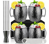 Moscow Mule Mugs Set of 4 Black Moscow Mule Mug 18oz Gunmetal Black Plated Stainless Steel Mug Double Jigger Chilled Cold Drink Cocktail Cups Drinkware with Gift Box