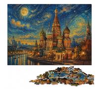 Moscow Russia Starry Night Style Art Wooden Jigsaw for Adults | Festive puzzle present: tabletop activity for adults on quiet evenings.