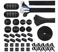 Moseem Cable Management Kit 142Pcs,Wire Organiser Cable Tidy,1 Cable Sleeve,10 Self Adhesive Base,10 Cable Clips,10 Cable Ties,10 Silicone Cord Holder,1 Roll Self Adhesive Tie,100 Wire Fastening Ties