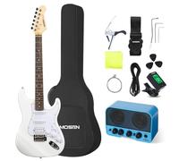MOSEN 39in Full Size Beginner Electric Guitar Starter Kit, Beginner Starter, with Amplifier, Single-Coil & Humbucker Pickups, Gig Bag, Pick, Tuner, Capo, Cable, Tremolo Bar, Wiping Cloth - White