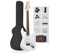 MOSEN 39in Full Size Beginner Electric Guitar Starter Kit, Beginner Starter, with Amplifier, Single-Coil & Humbucker Pickups, Gig Bag, Pick, Tuner, Capo, Cable, Tremolo Bar, Wiping Cloth - White