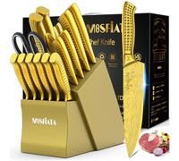 MOSFiATA 17-Piece Chef Knife Set with Block, Super Sharp Professional Kitchen Knife Set, High Carbon Stainless Steel Japanese Cooking Kitchen Knives Set with Knife Rod Sharpener Gift Box Gold