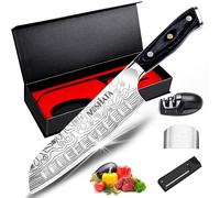 MOSFiATA 7" Super Sharp Chef Knife, Professional Cook Kitchen Knife Japanese Santoku Knives German High Carbon Stainless Steel EN1. 4116 with Finger Guard, Knife Sharpener, Micarta Handle and Gift Box