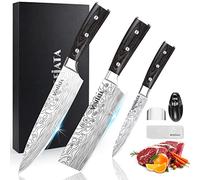 MOSFiATA Chef Knife Set, 3 PCS Professional Sharp 8" Chefs Knife 7" Nakiri Knife 5" Utility Cooking Knife, German High Carbon Stainless Steel Kitchen Knives Set with Sharpener, Finger Guard Gift Box