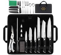 MOSFiATA Chef Knife Set with Bag, 19PCS Portable Sharp Kitchen Knife Sets, Stainless Steel Professional Japanese Knives Set with ABS Handle Scissors Sharpener Sheaths Birthday Gifts for Man