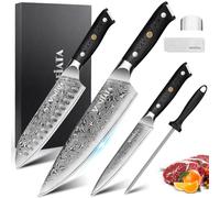 MOSFiATA Damascus Chef Knife Set 3PCS-Professional Sharp 8" Chef's Knives 7” Santoku Knife & 5” Utility Kitchen Knives, VG-10 High Carbon Stainless Steel with Sharpener Rod, Finger Guard Gift Box