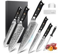 MOSFiATA Damascus Chef Knife Set, 5PCS Professional Sharp High Carbon VG10 Stainless Steel Chef's Knives Santoku Bread Utility Fruit Vegetable Kitchen Knife Sets with Finger Guard, Sharpener Rod Gift