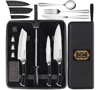 MOSFiATA Kitchen Knife Set with Bag, Portable Sharp Chef Knife Sets, Professional Japanese Santoku Carving Cooking Knives Set & Anti-Slip Handle, Sheaths, Stainless Steel Fork Spoon Sharpener Gift