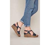 Moshulu 'peach Melba 2' T-Bar Wedge Sandals In Indigo Indigo 3