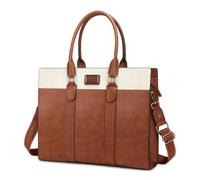 MOSISO Laptop Bag for Women, 15.6 inch PU Leather Laptop Tote Work Bags, 15.6-16 inch Large Capacity Double Vertical Stripes Computer Briefcase Waterproof Bag for Office Travel, Brown