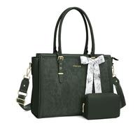 MOSISO Laptop Bag for Women, 17-17.3 inch PU Leather Tote Bag Compatible with MacBook, HP, Dell, Asus Notebook, Front Embossed Retro Hibiscus Computer Bag with Silk Scarf&Clutch Purse, Emerald Green