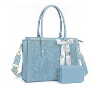 MOSISO Laptop Bag for Women, 17-17.3 inch PU Leather Tote Bag Compatible with MacBook, HP, Dell, Asus Notebook, Front Embossed Retro Hibiscus Computer Bag with Silk Scarf&Clutch Purse, Air Blue