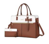 MOSISO Laptop Tote Bag for Women, 15.6 inch Waterproof PU Leather Work Bag with Clutch Purse & Bowknot, Large Capacity Handbag Shoulder Computer Bags Work Briefcase for Business Teacher Office, Brown