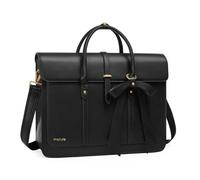 MOSISO Women's 15.6 inch Black PU Leather Laptop Bag, Convertible Backpack, Briefcase, 3 Compartments, Waterproof, Bowknot