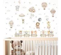 MOSITU Cartoon Animal Wall Decals 2 Sheets Nursery Stickers with Elephant Lion Giraffe Bunny Hot Air Balloon Train Moon Stars Clouds for Kids Bedroom