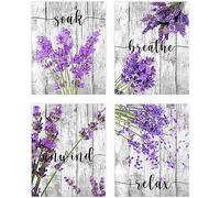 MOSITU Purple Bathroom Wall Art Lavender Art Flower Wall Prints Purple Bathroom Decor Canvas Wall Art Set of 4 Unframed Relax Soak Unwind Breathe Poster for Washroom Decor
