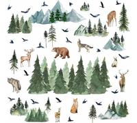 MOSITU Woodland Animal Wall Stickers Forest Animals Wall Decal Watercolor Green Pine Tree Wall Stickers Removable Large Mountain Tree Animal Wall Stickers for Nursery Kids Room Bedroom Decor, UKM068