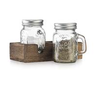 MosJos Mason Jar Salt and Pepper Shakers - Vintage Glass Condiment Dispenser Set with Wooden Holder Caddy - Farmhouse Kitchen Decor, Easy Refill 5-ounce Capacity with Stainless Steel Lids
