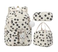 Moskado 3PCS School Bag for Girls, Kawaii Aesthetic Flowers School Backpack with Pencil Case & Handbag, Cute Corduroy Daypack for Girls Teenage Secondary Primary Middle School Travel (E)