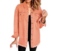 moskrtula Women's Oversized Denim Jacket Button Down Casual Long Frayed Hem Shacket Coats Sleeve Boyfriend Jean Jackets Washed Shirt Womens Front Shirts