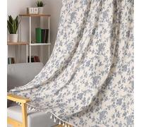 Moslovstar 1 Pair Blue Floral Linen Curtains Rustic Country Style Light Filtering Rod Pocket Window Drapes Beige Tassels, 52" W x 72" L