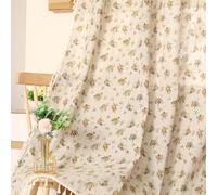 Moslovstar 1 Pair Yellow Multiflora Rose Linen Curtains Rustic Country Style Light Filtering Rod Pocket Window Drapes Beige Tassels, 52" W x 63" L