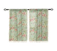 Moslovstar 2 Panels Linen Tassels Curtains Farmhouse Floral on Green Vintage Semi Sheer Window Curtain for Kitchen Bathroom, 26x45in Tiers Curtain