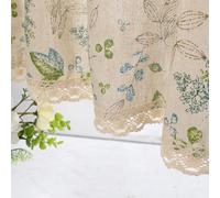 Moslovstar Farmhouse Cotton Linen Tier Curtain 15.7 Inch Long Elegant Floral Lace Window Valance Kitchen Bathroom Short Curtain, 1 Panel, Leaves and Flower on Beige